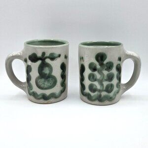 M A Hadley The End Signed Vintage 1950s Art Pottery 2 Coffee Tea Mugs Green RARE